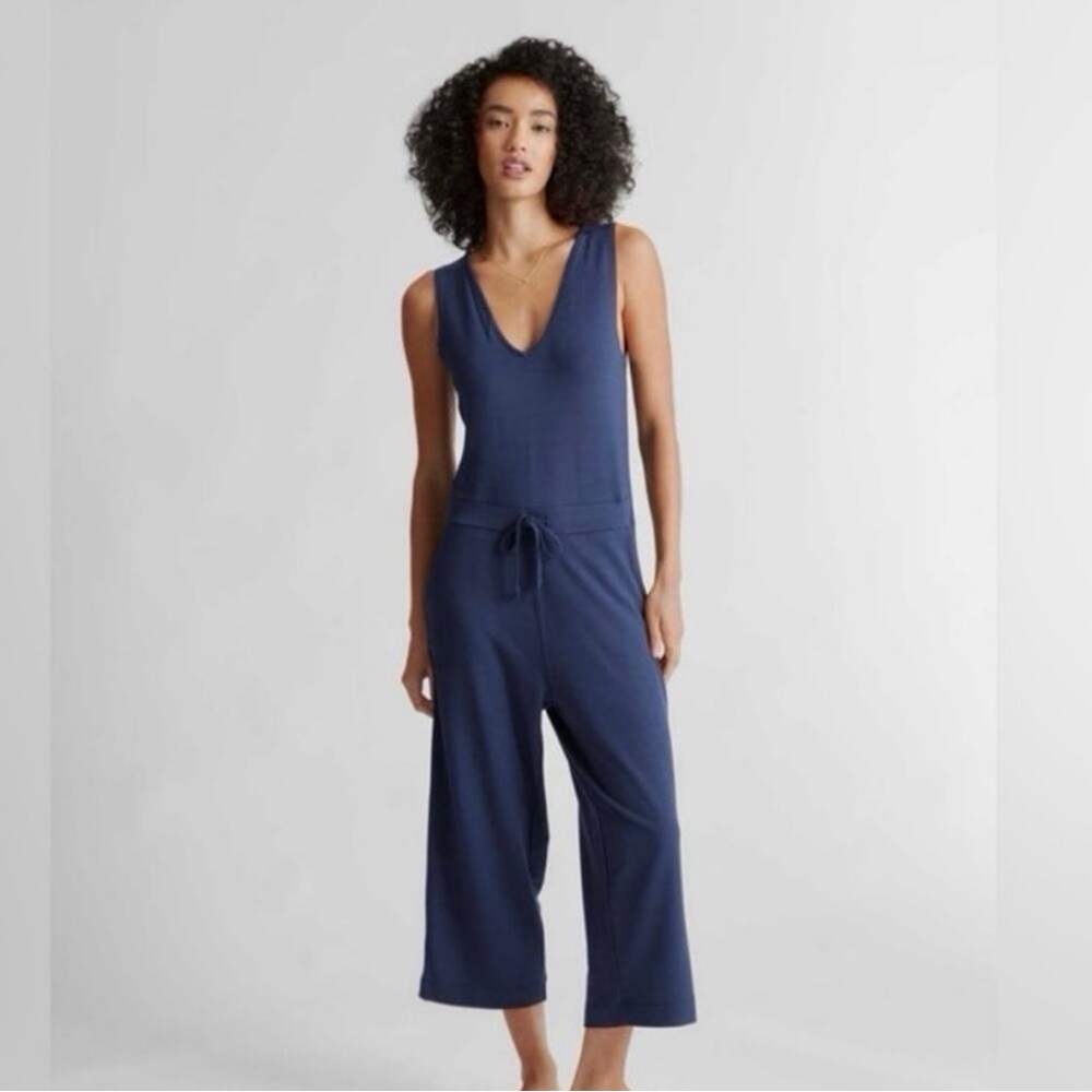 Quince Navy Blue French Terry Modal Jumpsuit Sleeveless V-Neck